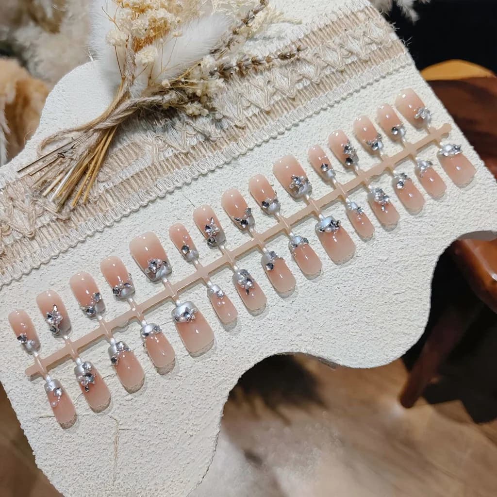 Uñas Postizas Punta Francesa Azul con Perlas y Strass