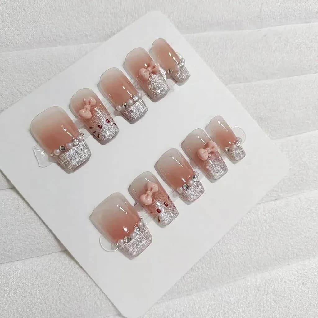 Uñas Postizas Cortas Cuadradas Diseño Dibujos Animados de Gato 30 Piezas