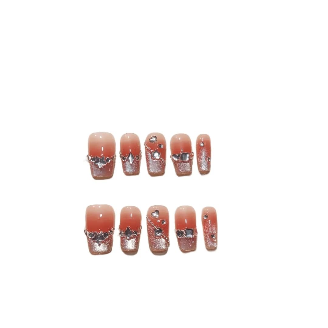 Uñas Postizas Cuadradas Cortas con Punta Francesa Ruborizada y Cristales