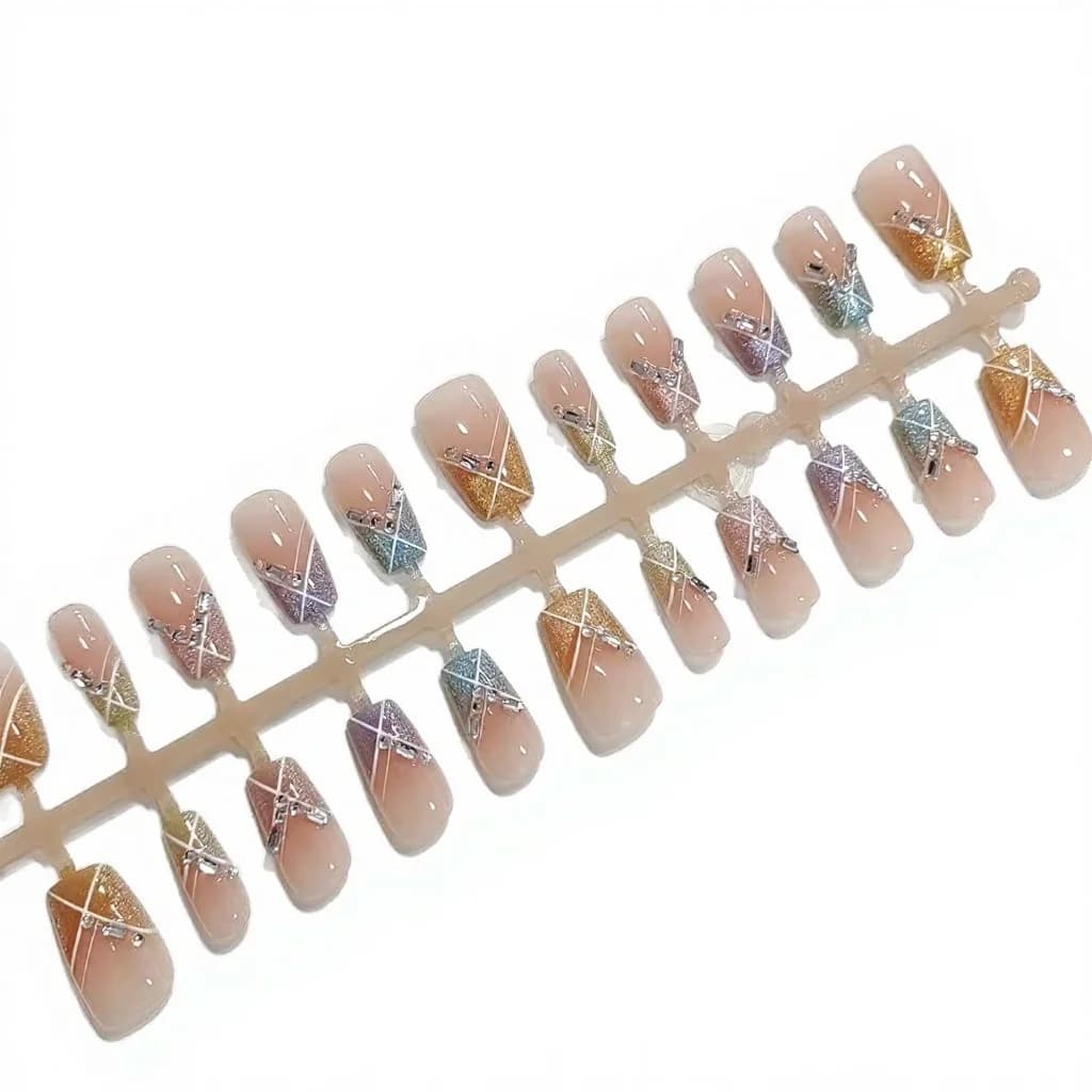 Uñas Postizas Fiesta Dulce, Cuadradas Cortas, Ojo de Gato Arcoíris con Cristales