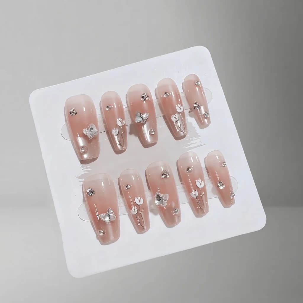 Uñas Postizas Punta Francesa Mariposa Floral con Piedras