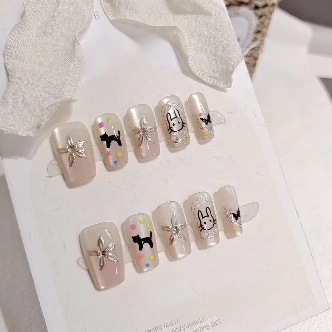 Uñas Postizas Gato Negro y Conejo Lindas, Forma Ataúd Corta