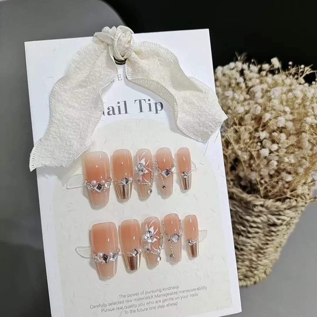 Uñas Postizas Jardín al Atardecer Diseño Floral Cromado, 10 Piezas
