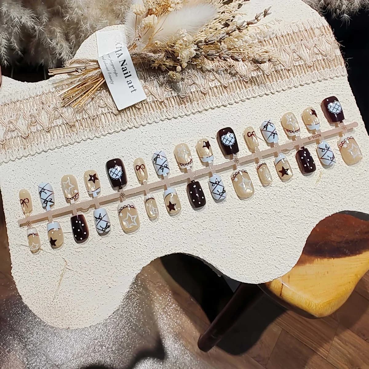 Uñas Postizas Ojo de Gato Azul Niebla con Lazo y Estrellas
