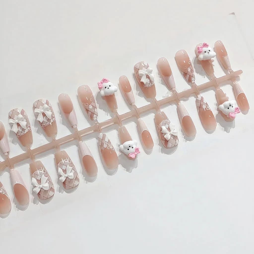 Uñas Postizas Teddy Dog, Diseño Francés Lindo, 30 Piezas
