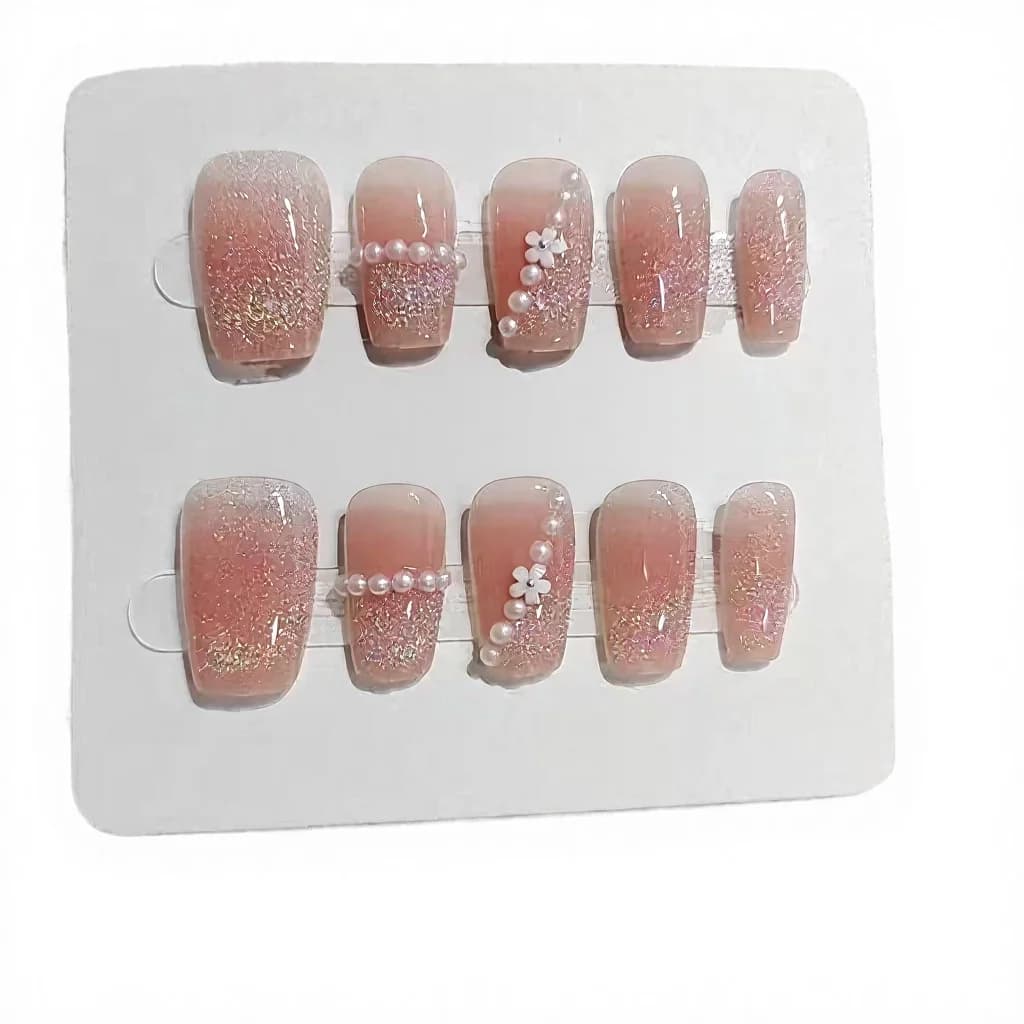 Uñas Postizas Trapecio Cortas con Círculos Arcoíris y Perlas, 10 Piezas