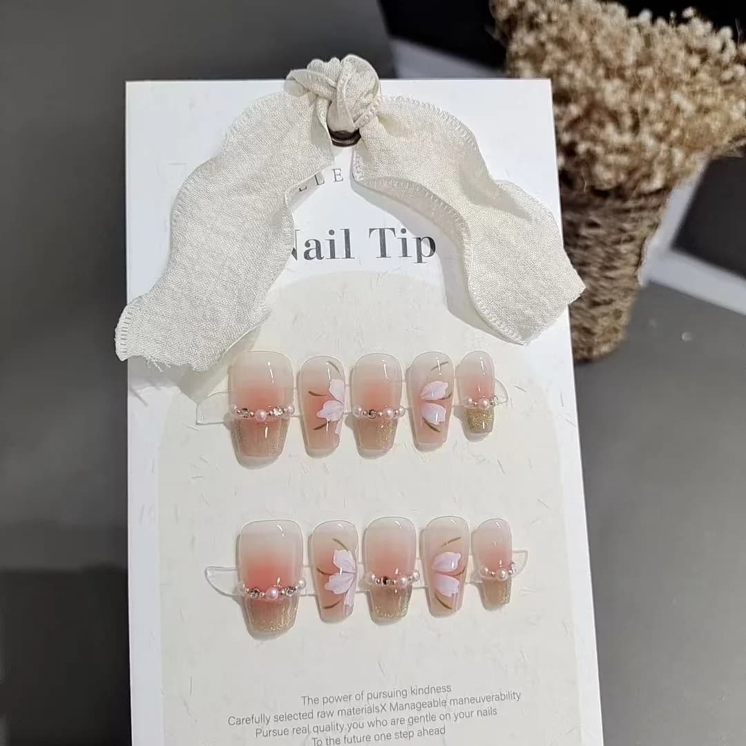 Uñas Postizas Cortas Cuadradas Francesas Ojo de Gato Verde con Diseño Floral