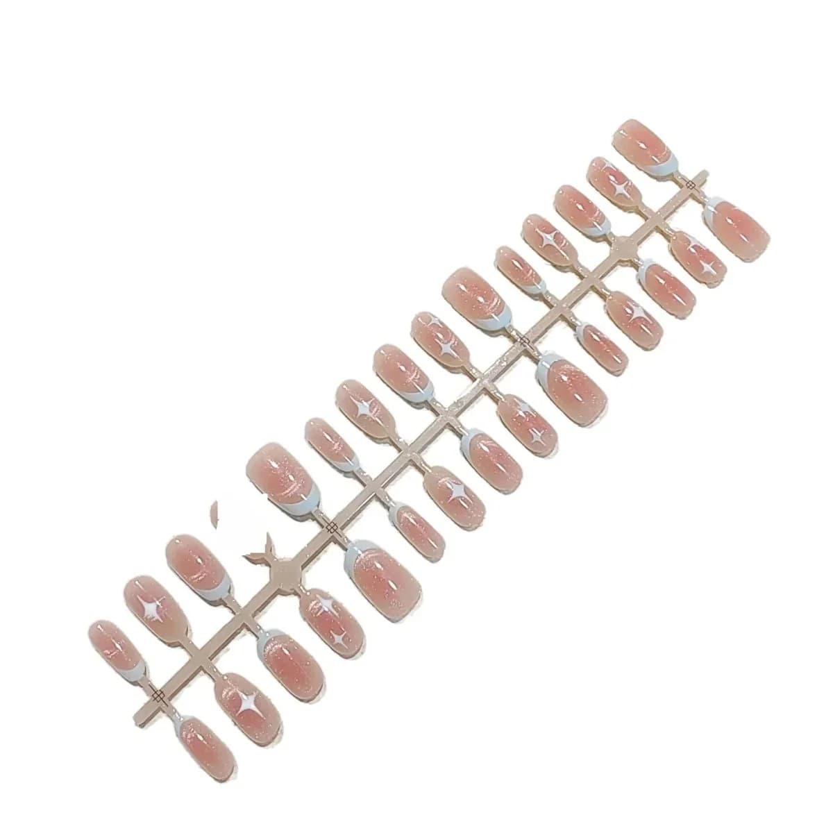 Uñas Postizas Cortas Ovaladas Ojo de Gato con Diseño de Cielo Estrellado Rosa
