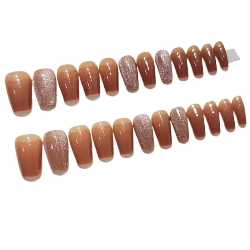Uñas Postizas Ojo de Gato Marrones, Forma Ataúd Media, Estilo Otoño Invierno