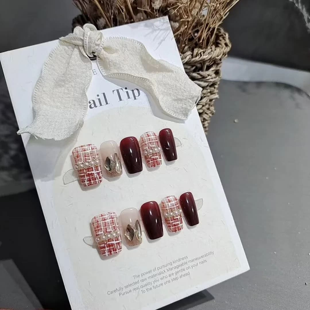 Uñas Postizas Textura Tweed Ojo de Gato Glitter Cuadradas Cortas