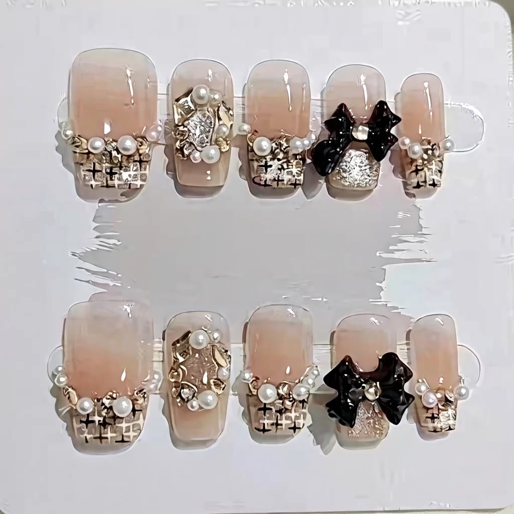 Uñas Postizas Cortas Forma Coffin Diseño Cuadros Mariposa Cristal Perla