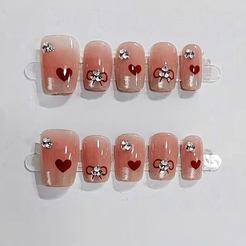 Uñas Postizas Cuadradas Cortas con Punta Francesa, Corazones y Lazos