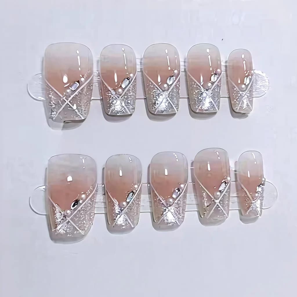 Uñas Postizas Cortas Coffin Ojo de Gato Rosa Empolvado Estilo Dulce 10 Unidades