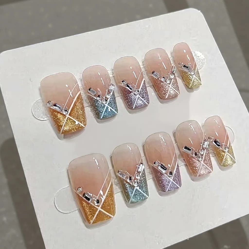 Uñas Postizas Fiesta Dulce Cortas Cuadradas Arcoíris Ojo de Gato con Strass
