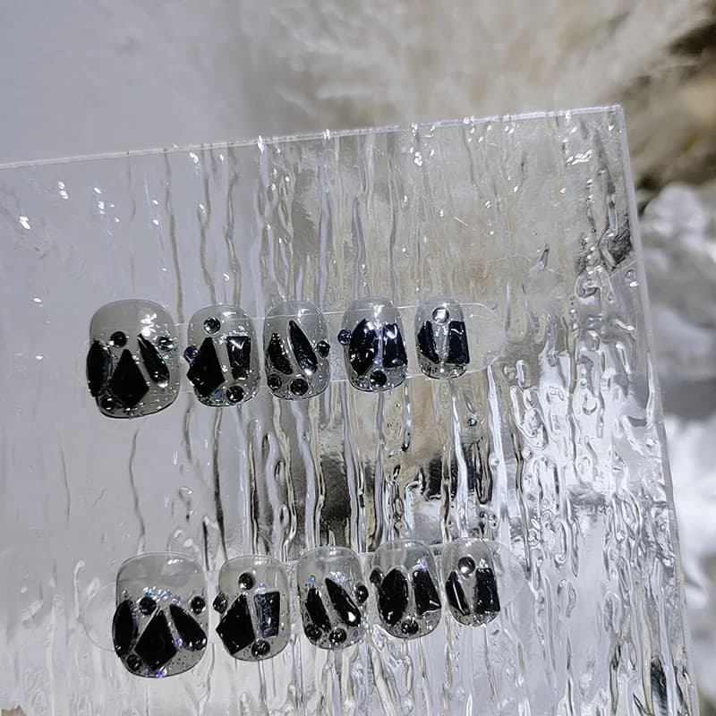 Uñas Postizas Cortas Diamante Negro Reutilizables