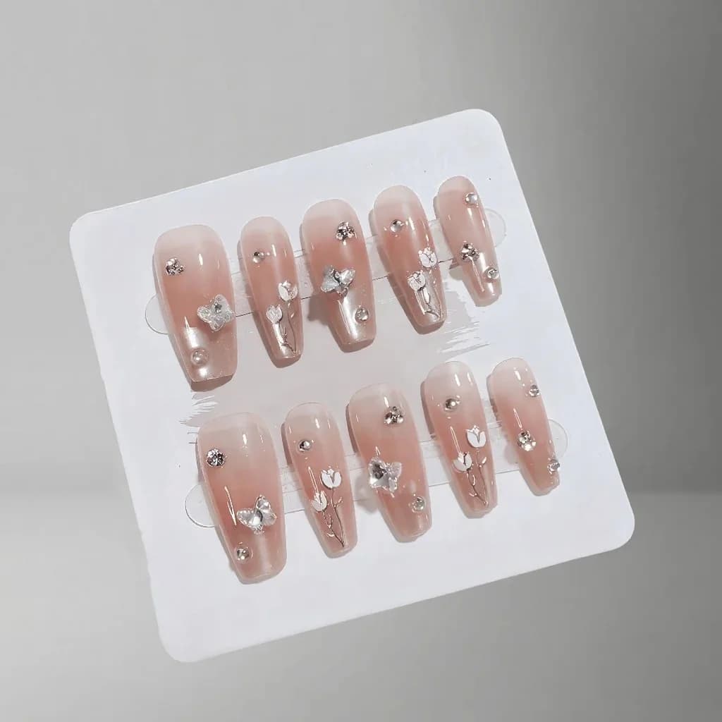 Uñas Postizas Punta Francesa Mariposa Floral con Piedras