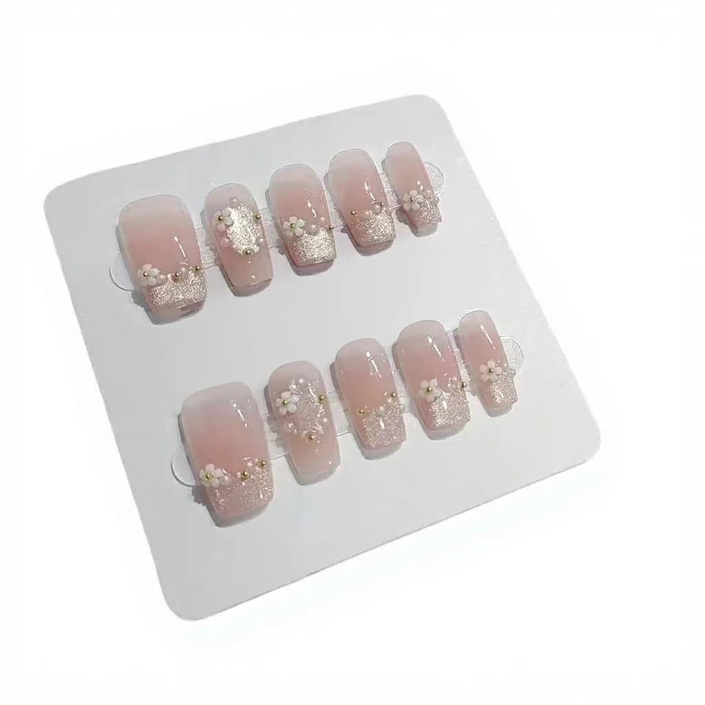 Uñas Postizas Cortas Coffin con Diseño Floral y Cristales, 10 Piezas
