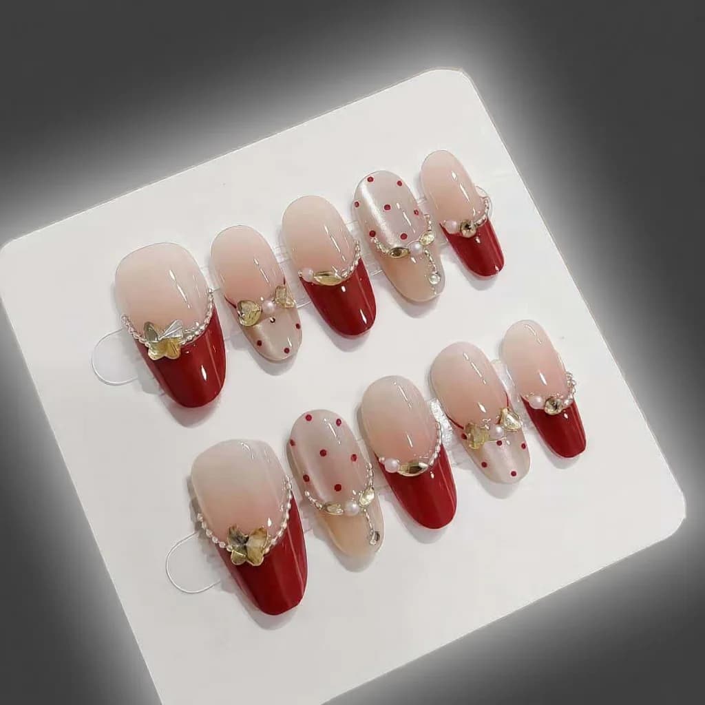 Uñas Postizas Ojo de Gato Rojas con Estrás, Ovaladas Medianas
