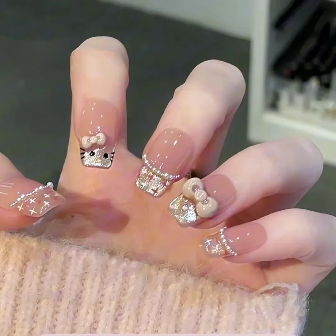 Uñas Postizas Cortas Cuadradas Diseño Dibujos Animados de Gato 30 Piezas