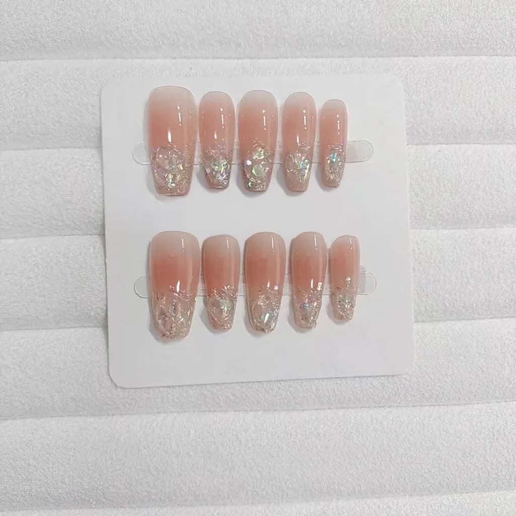 Set de Uñas Postizas Cortas y Medianas Coffin con Purpurina y Strass Rosa Rubor
