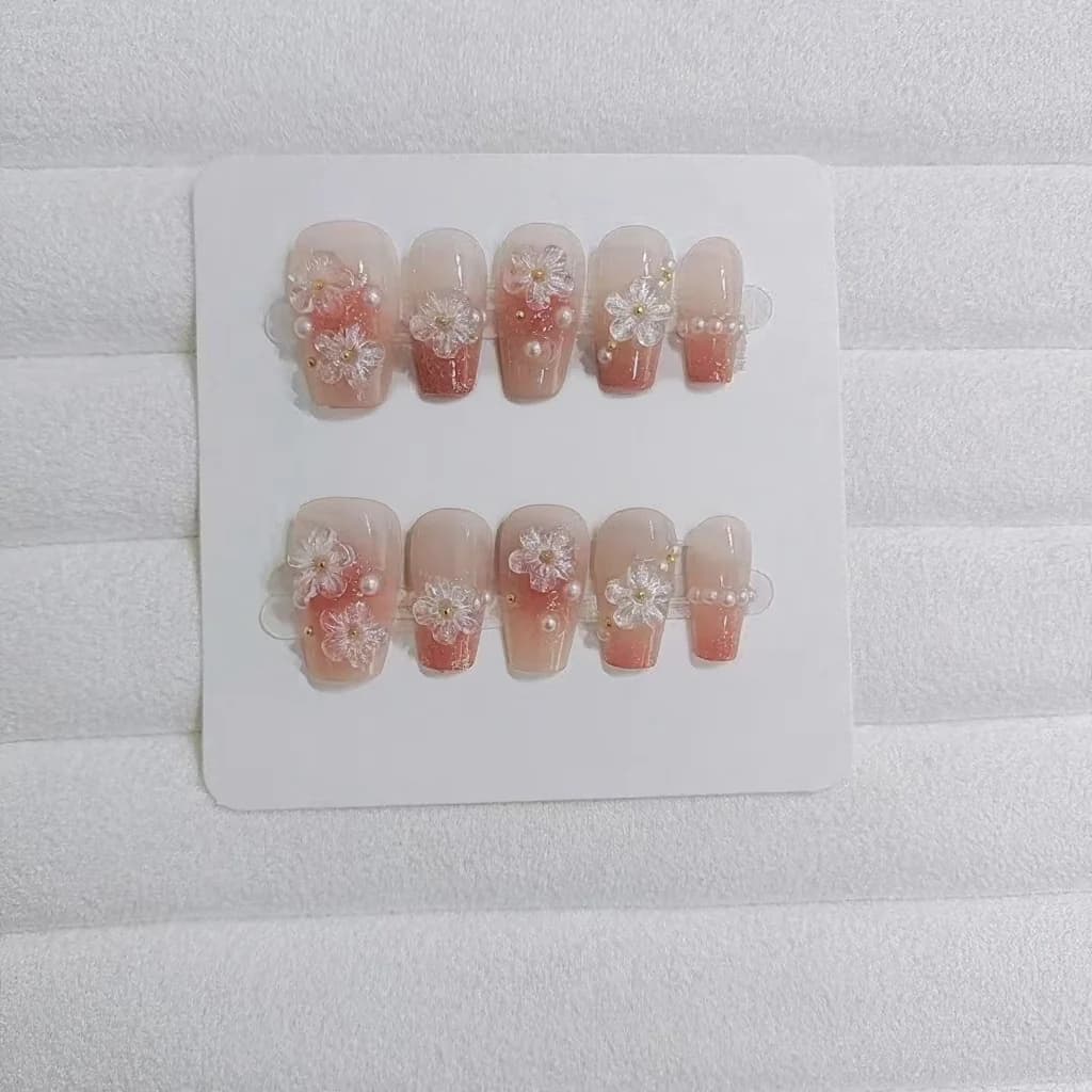 Uñas Postizas Florales Forma Ataúd Corta Diseño Rubor Lindo 10 Piezas