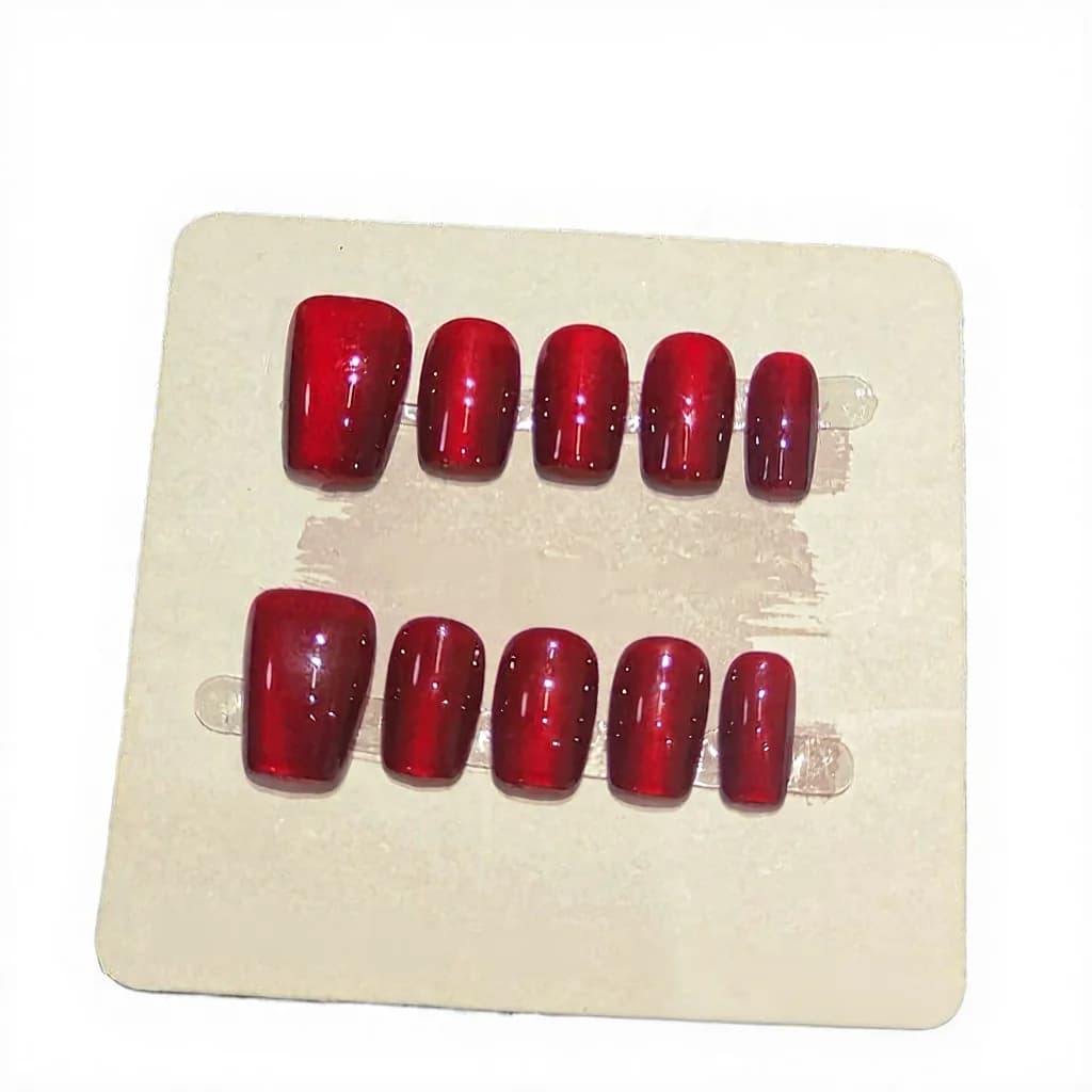 Set de Manicura Uñas Postizas Ojo de Gato Rojas Cuadradas Cortas con Purpurina
