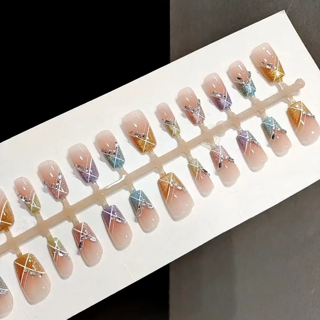 Uñas Postizas Fiesta Dulce, Cuadradas Cortas, Ojo de Gato Arcoíris con Cristales