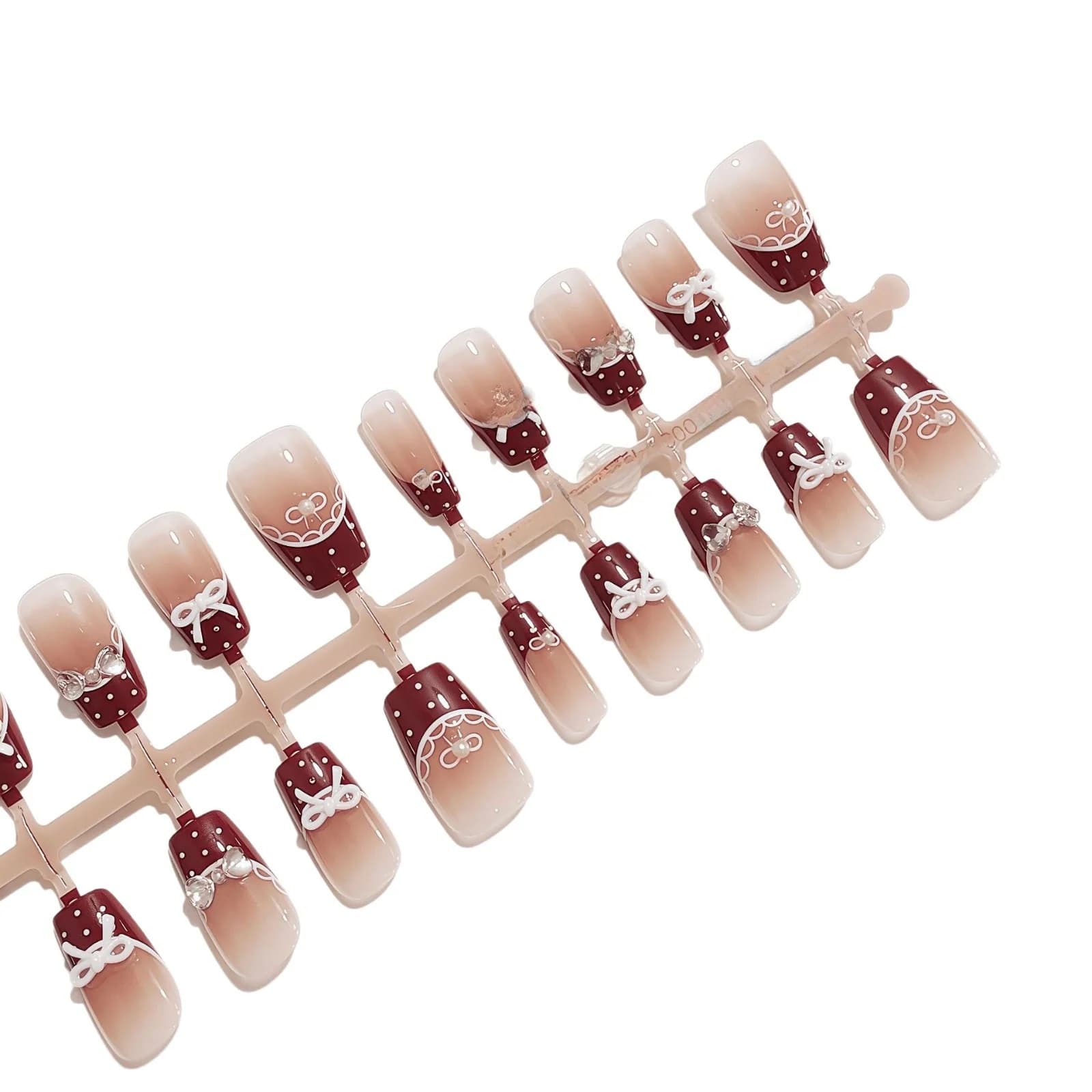 Uñas Postizas Falda de Ballet con Lazo Rojo, Puntas Cortas con Lunares