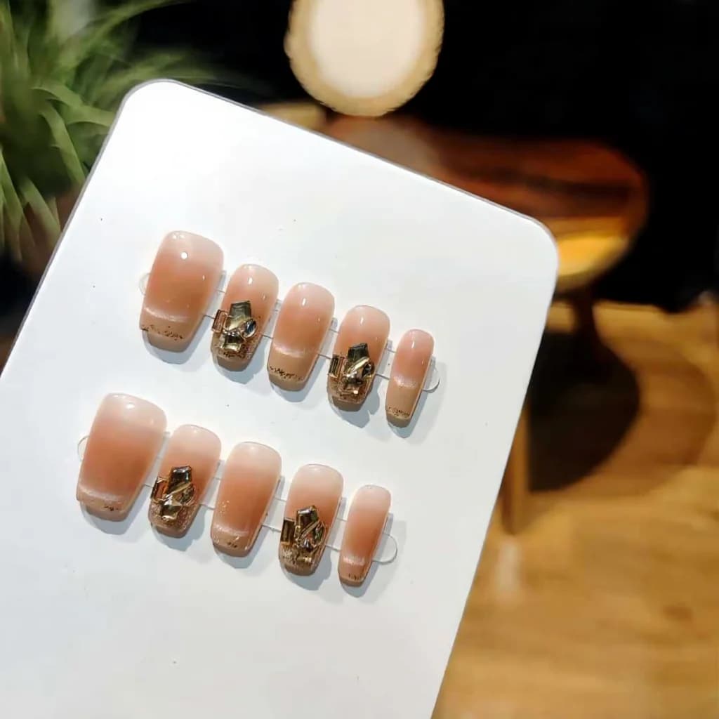 Uñas Postizas Ojo de Gato Rubor con Estrás, Cortas y Cuadradas, 30 Unidades