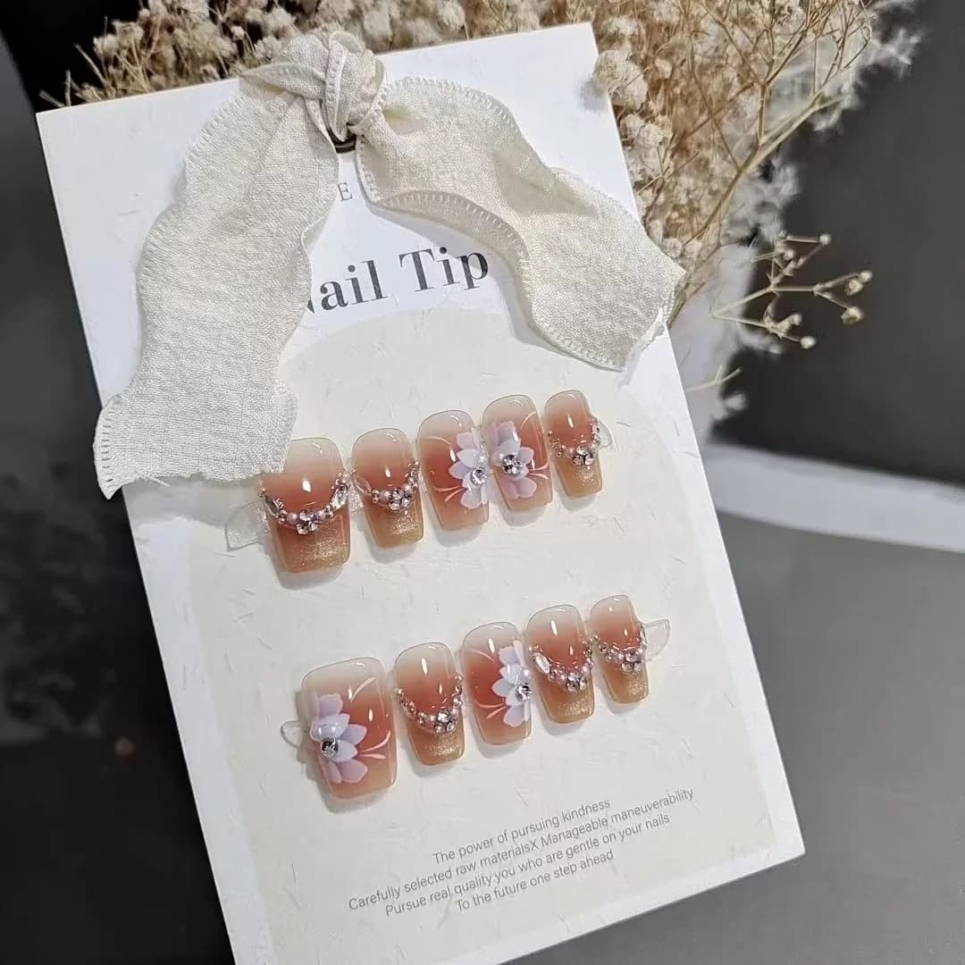 Uñas Postizas Ojo de Gato Florales con Diseño de Estrellas