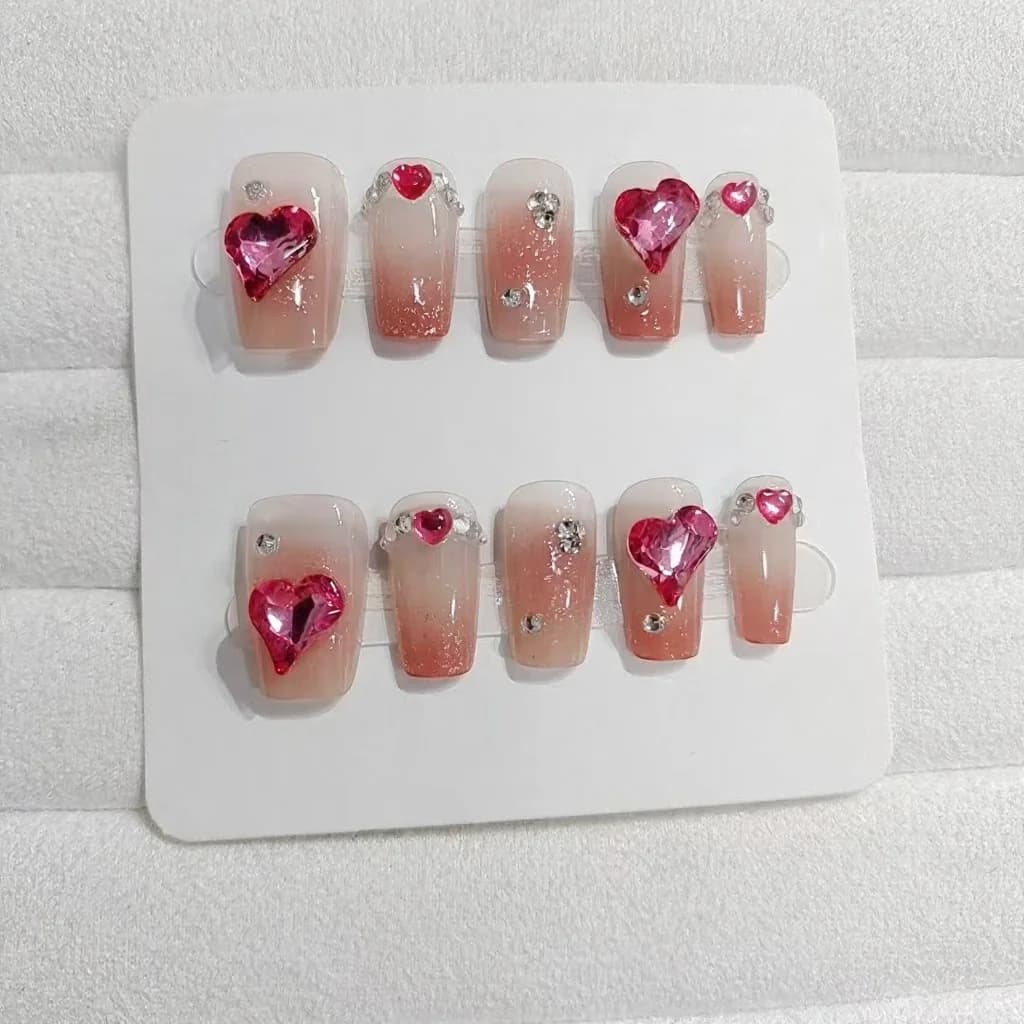 Uñas Postizas Rosa Palo con Corazones y Strass, 30 Unidades