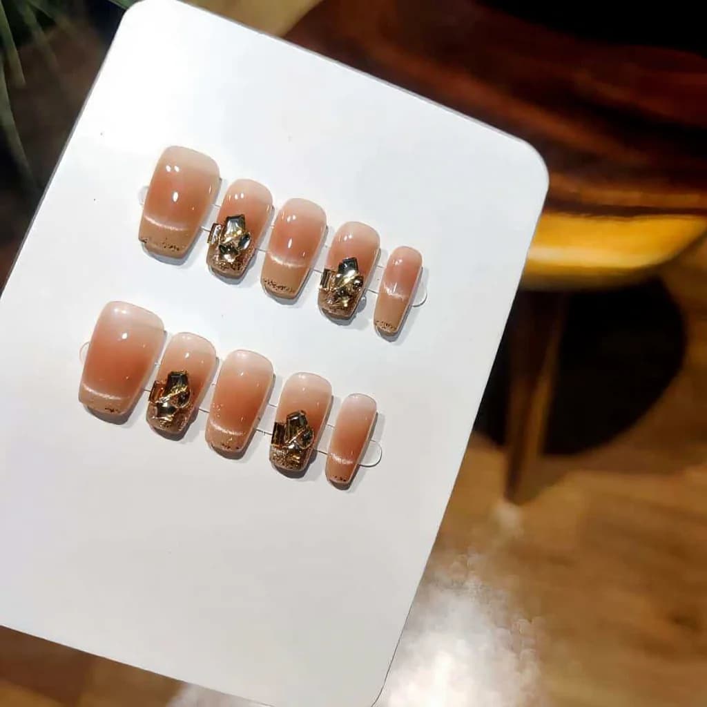 Uñas Postizas Ojo de Gato Rubor con Estrás, Cortas y Cuadradas, 30 Unidades