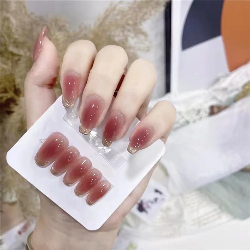 Uñas Postizas Largas Coffin Rubor Atardecer con Acabado Cromado Luz de Luna
