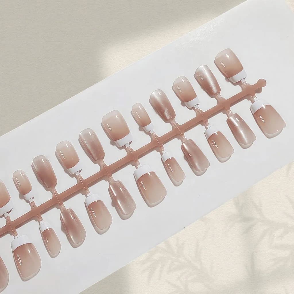 Uñas Postizas con Lazo Rosa, Punta Francesa, Forma Coffin Corta