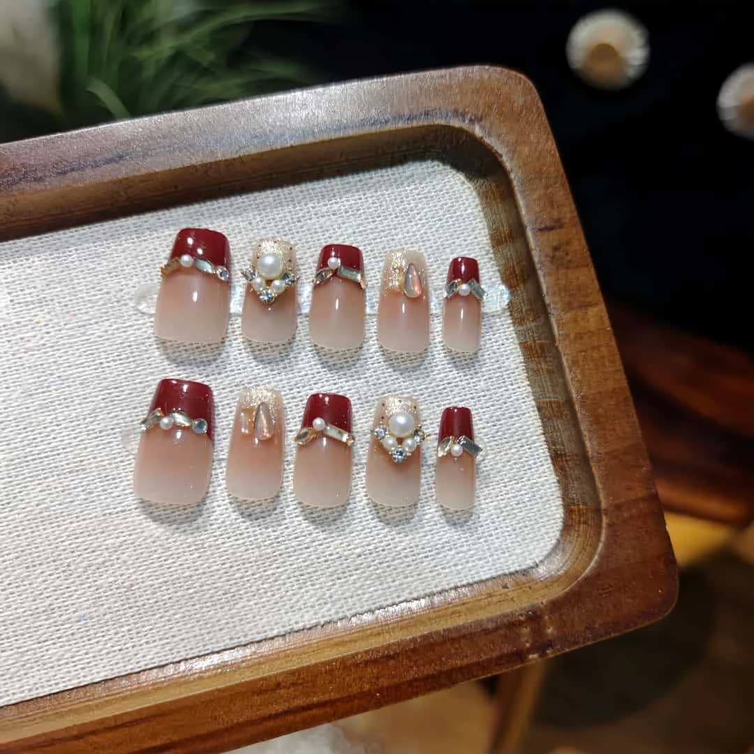 Uñas Postizas Rojas con Perla Punta Francesa Glitter Forma Coffin Corta