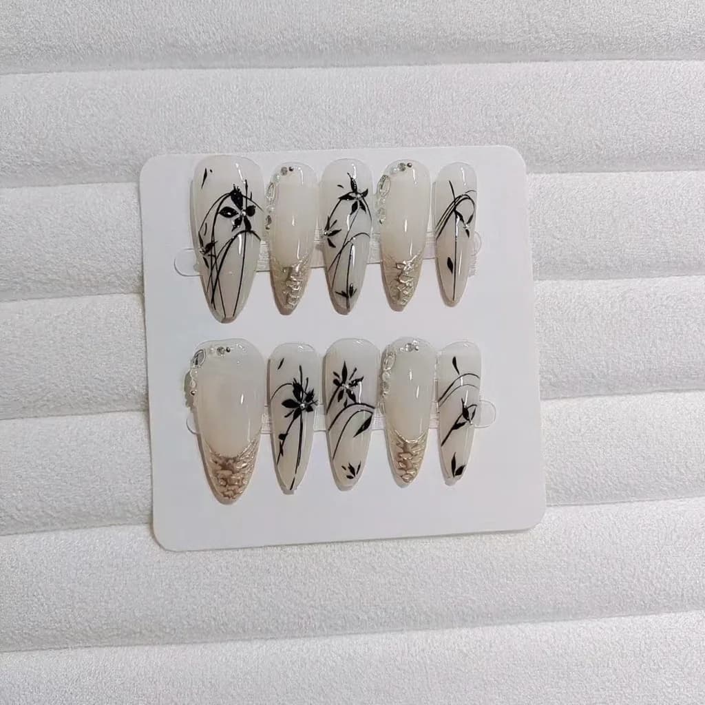 Uñas Postizas Alargadas Almendra Bambú Cromado, 10 Piezas