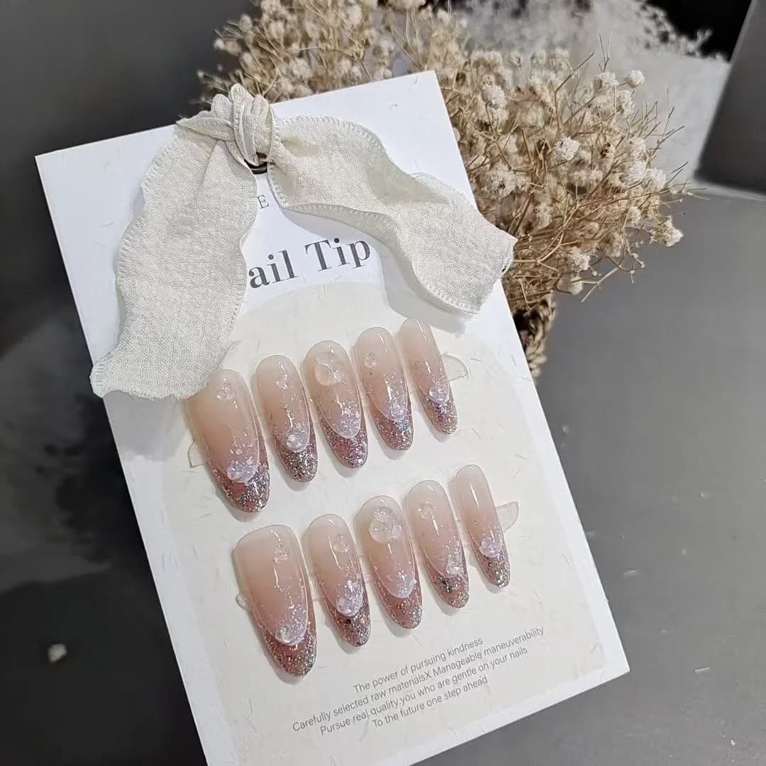 Uñas Postizas Halo de Purpurina Forma Ovalada Larga Reutilizables