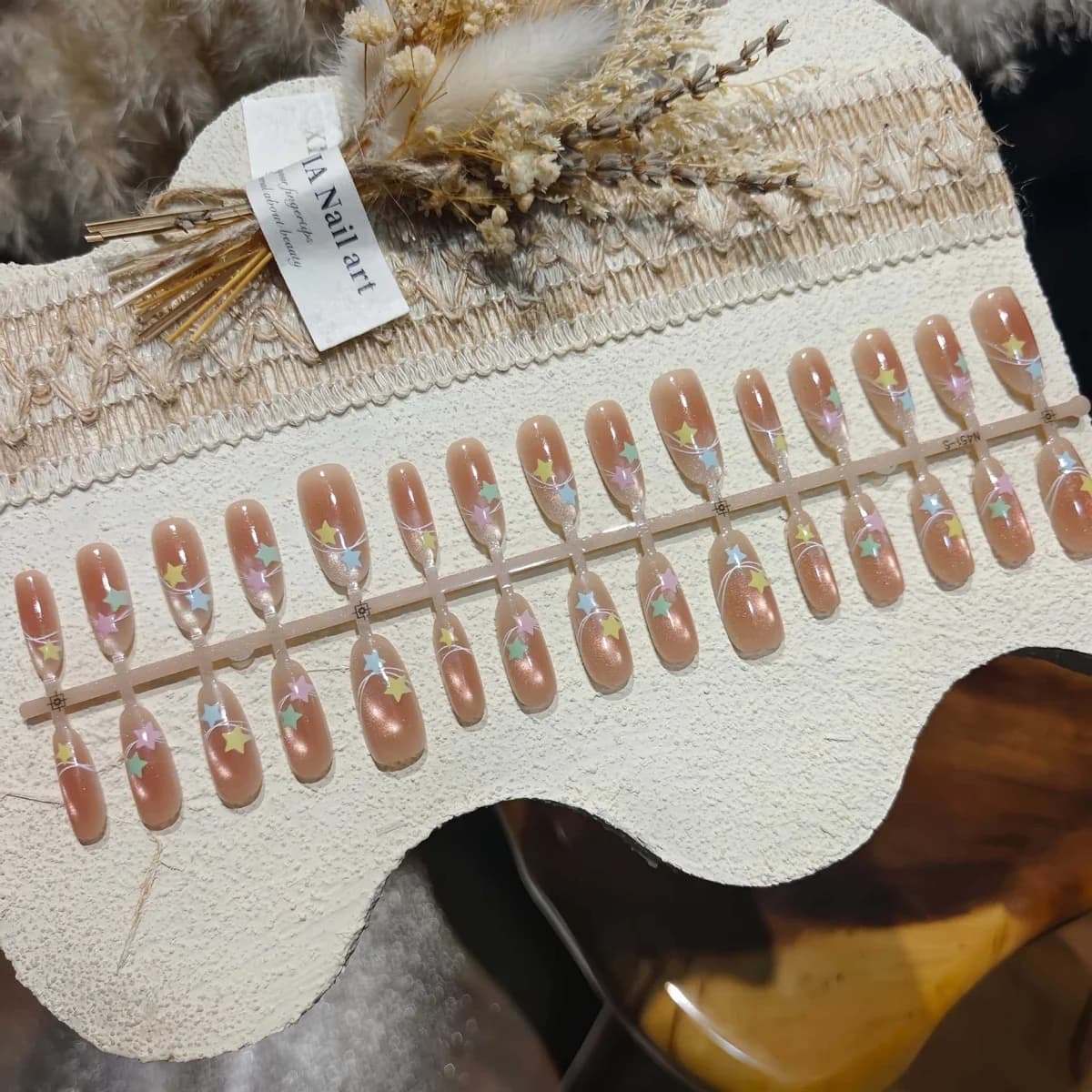 Uñas Postizas Ojo de Gato Nude Mist Diseño Estrellado Reutilizables