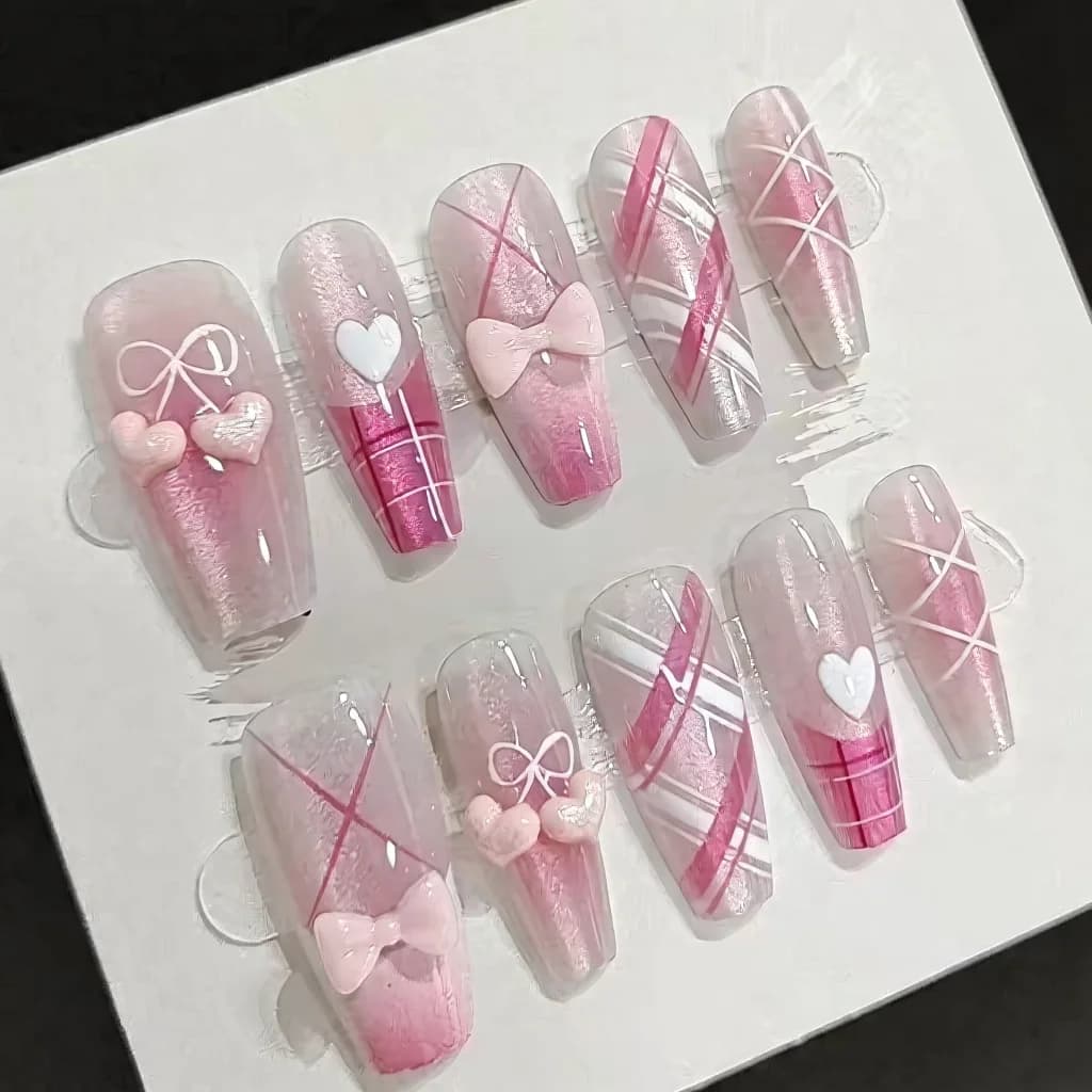 Uñas Postizas Rosa Dulce con Lazos y Corazones, 30 Piezas