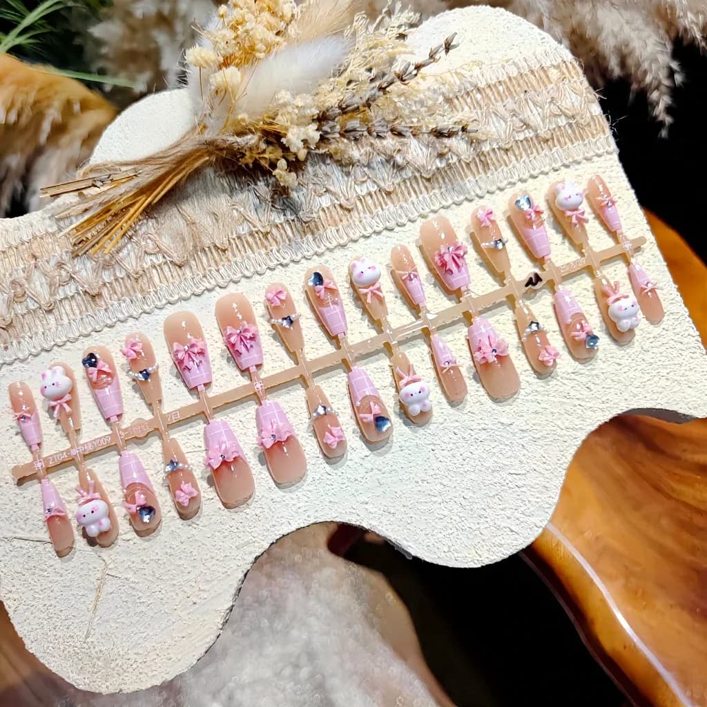 Uñas Postizas Conejo Rosa, Set de Manicura Francesa de Dibujos Animados