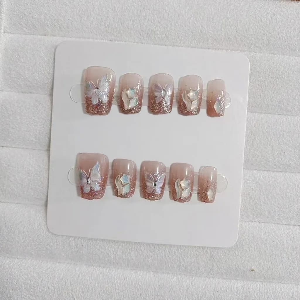 Uñas Postizas Mariposa y Strass, Forma Coffin Corta, 10 Pzs