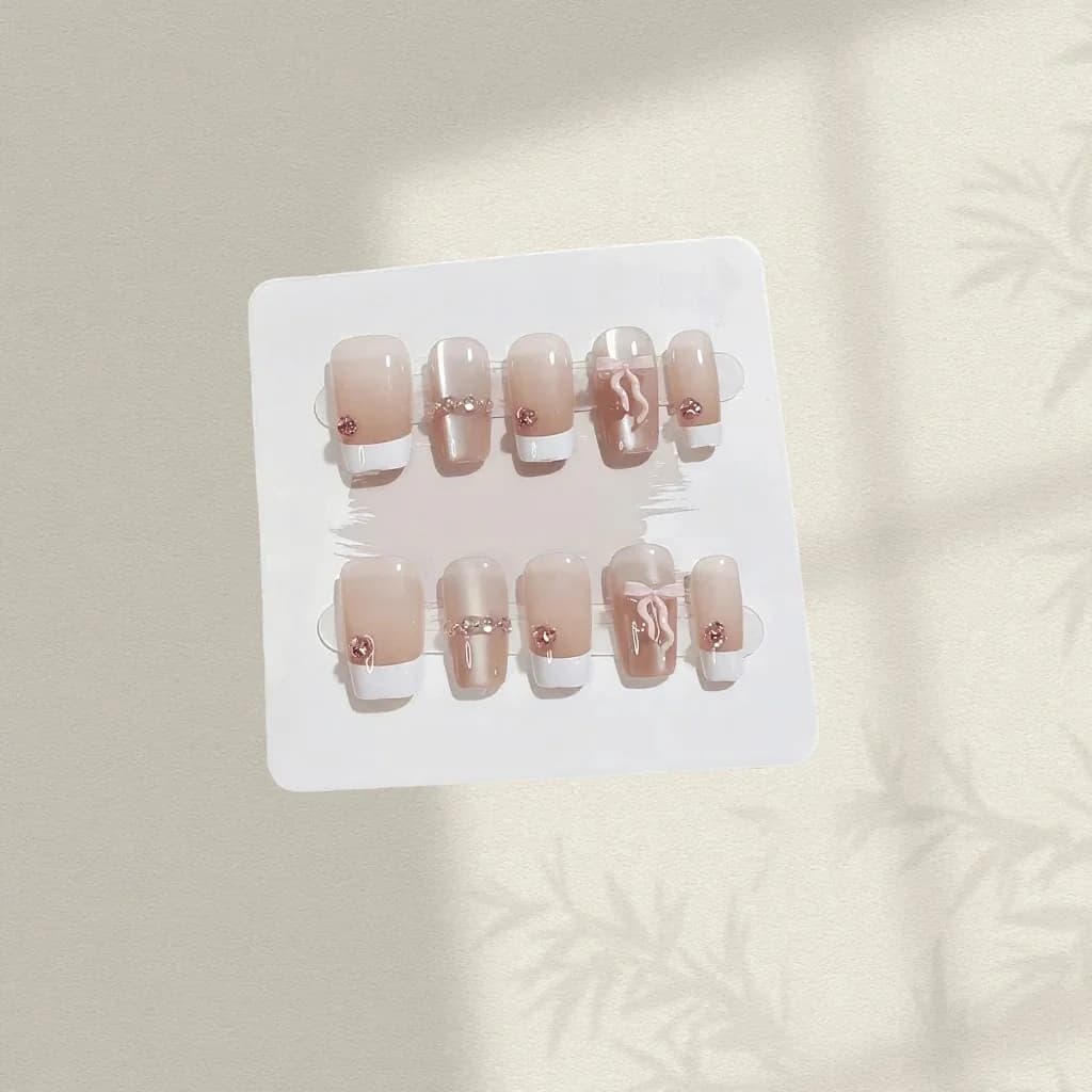 Uñas Postizas Lazo Rosa Cortas Coffin Punta Francesa Set de Manicura