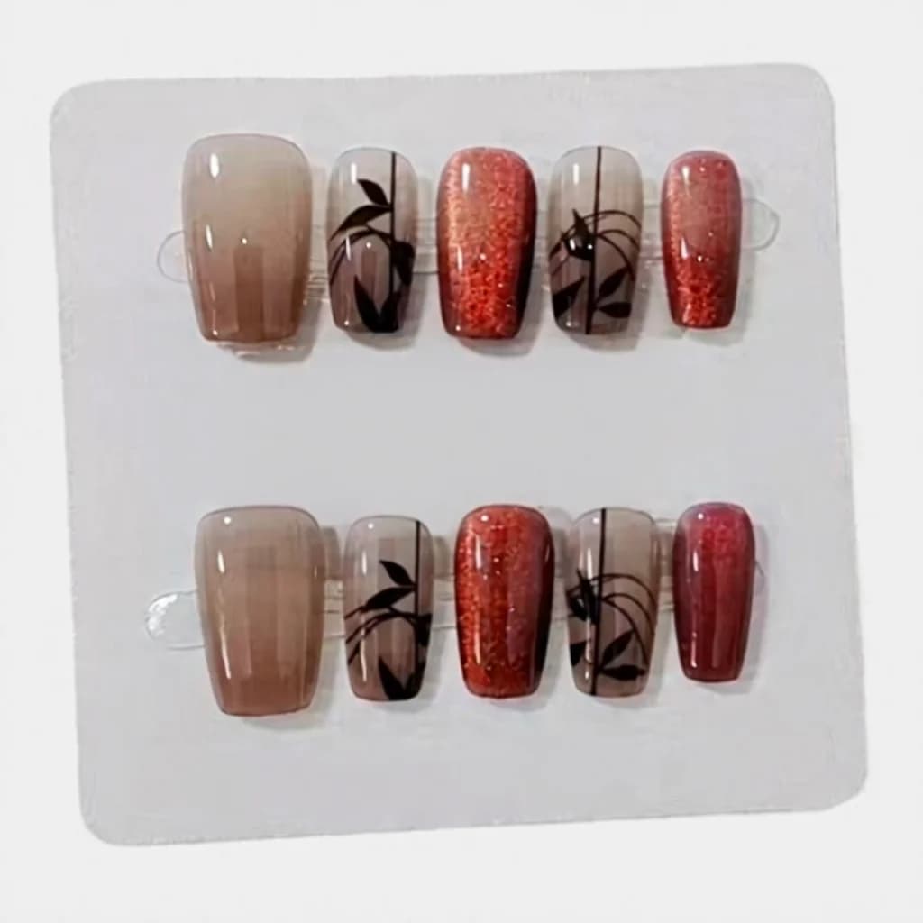Uñas Postizas Ojo de Gato Bambú Rojo, Cuadradas Cortas con Brillo