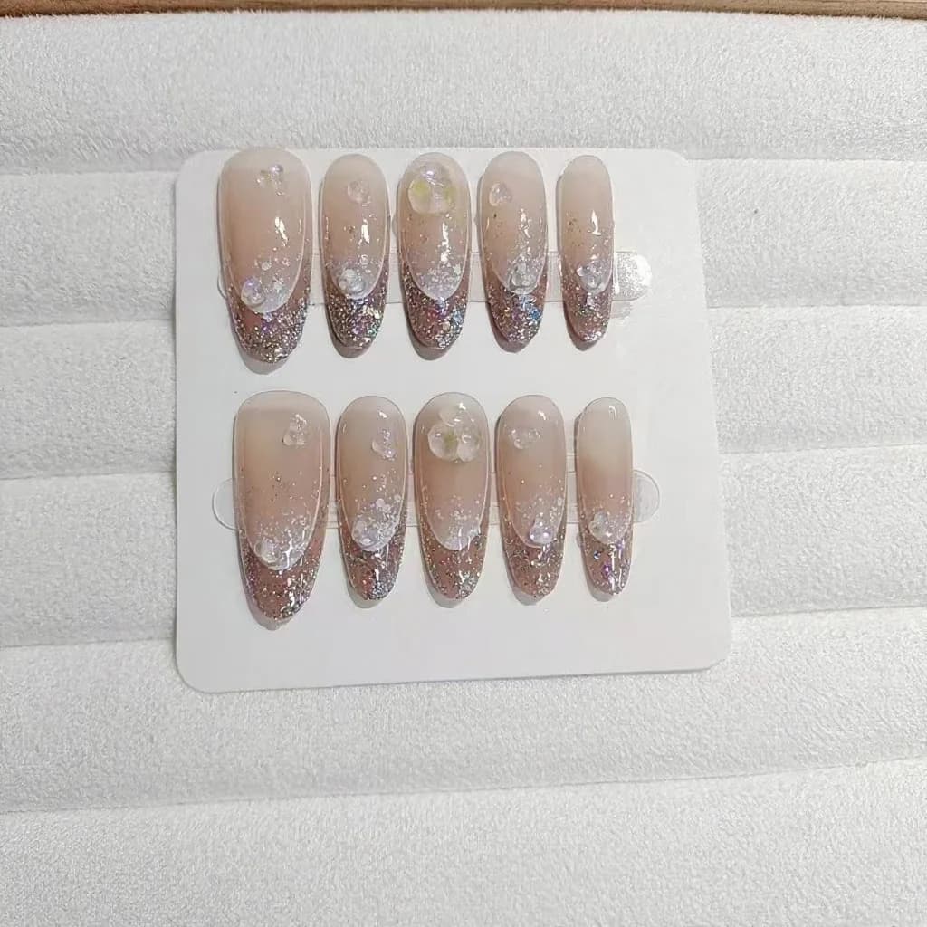Uñas Postizas Halo de Purpurina Forma Ovalada Larga Reutilizables