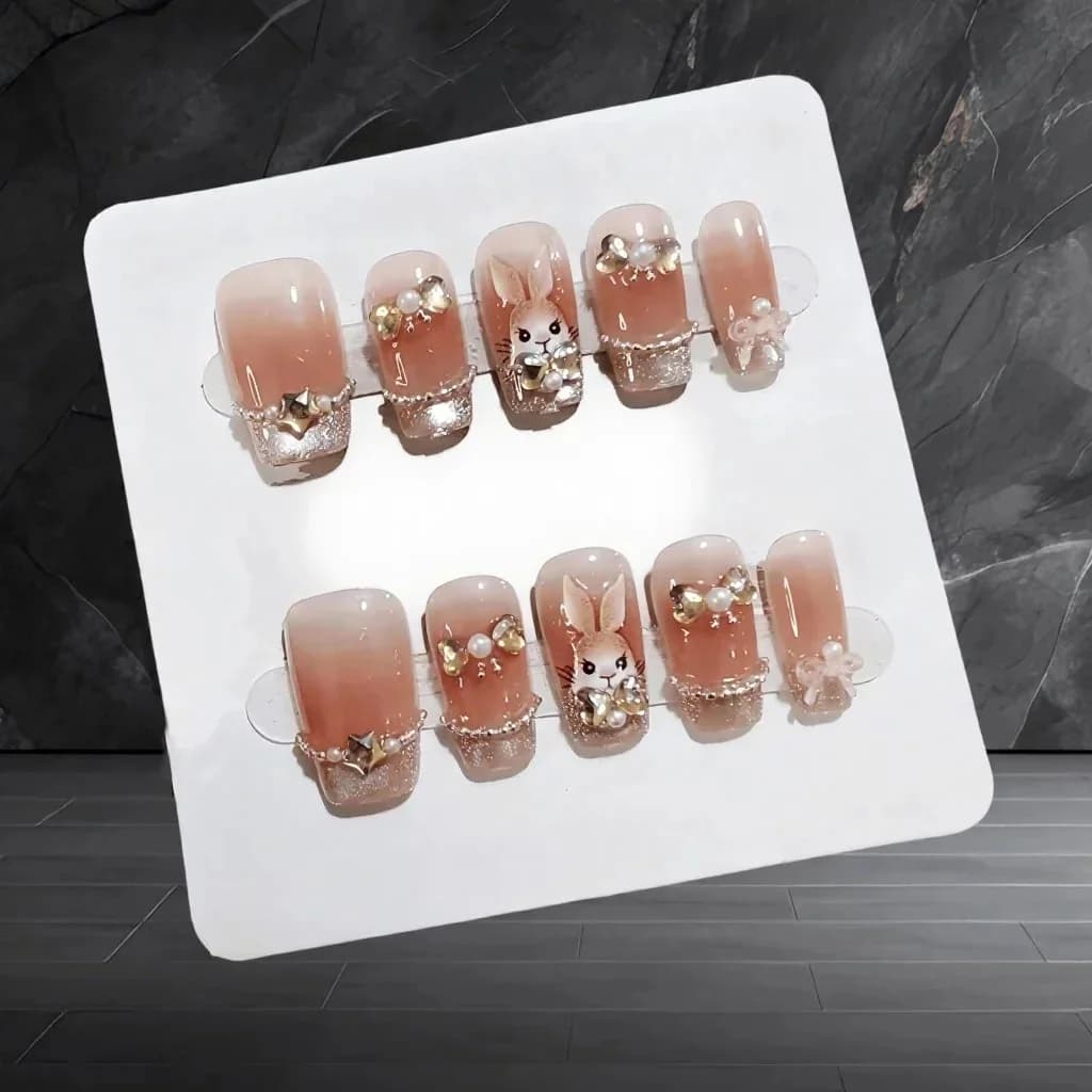 Uñas Postizas con Brillo Ojo de Gato, Diseño de Conejo con Gemas, Forma Corta Ataúd