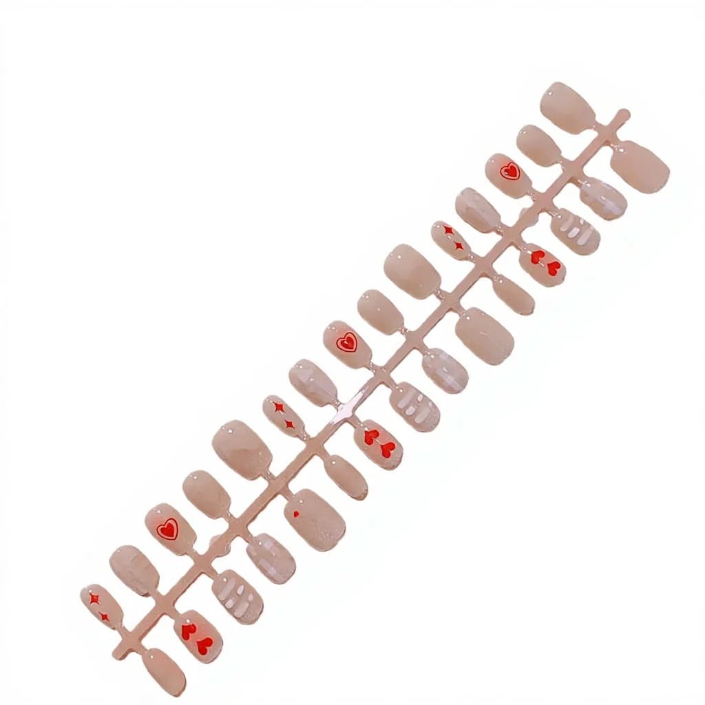Uñas Postizas Lindas Cuadradas Cortas con Diseño de Corazón Rojo y Ojo de Gato