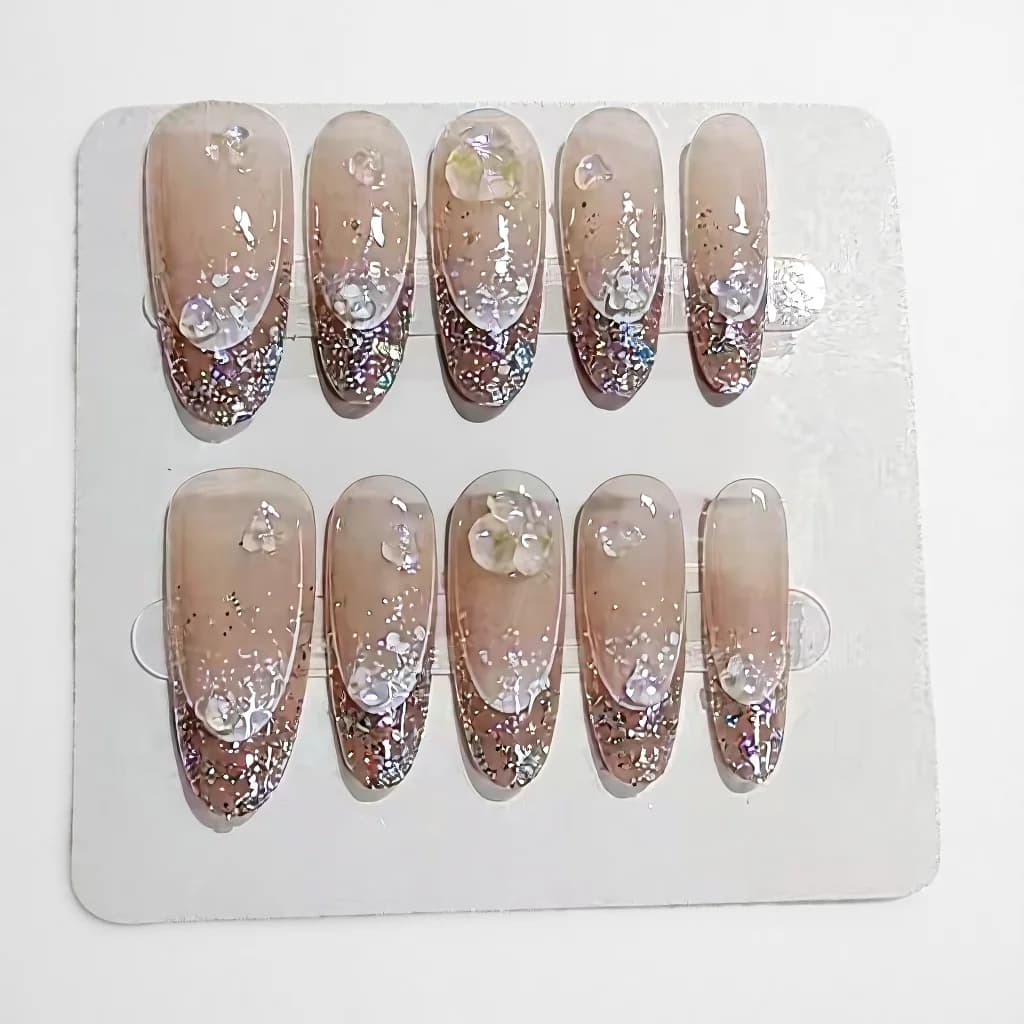 Uñas Postizas Halo de Purpurina Forma Ovalada Larga Reutilizables