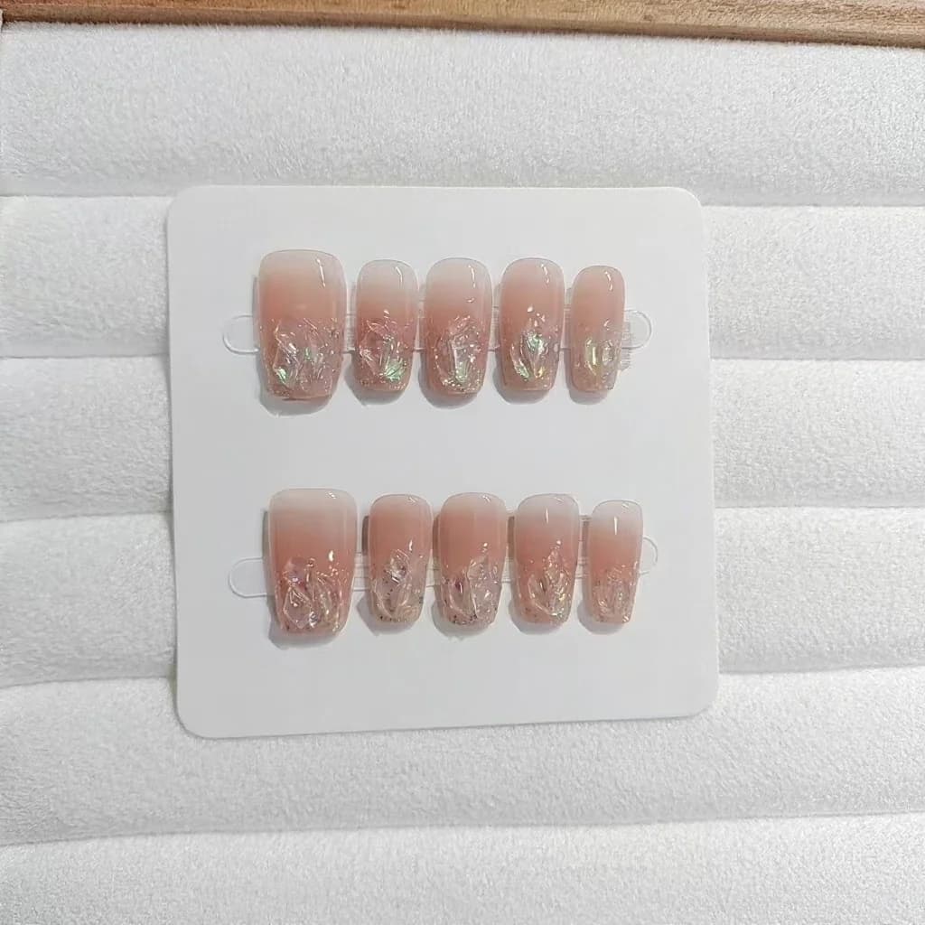 Set de Uñas Postizas Cortas y Medianas Coffin con Purpurina y Strass Rosa Rubor