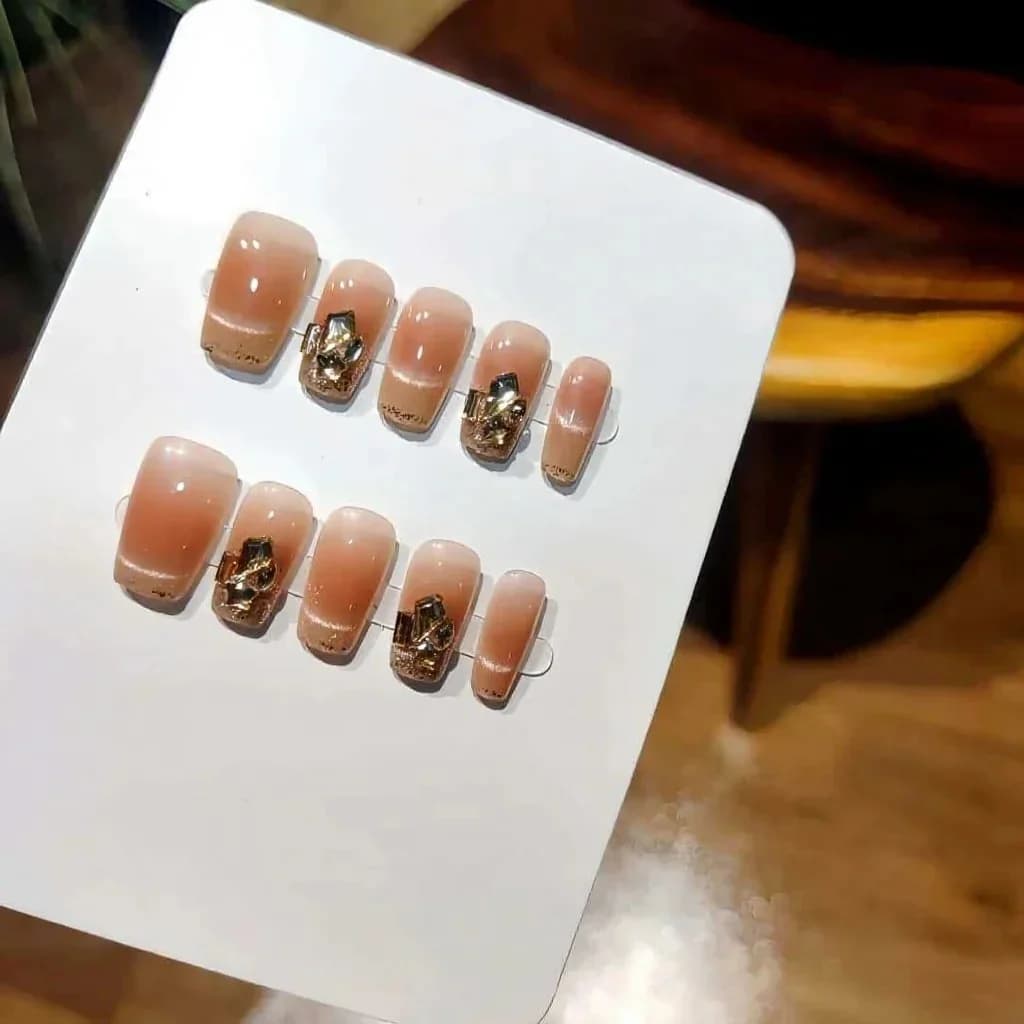 Uñas Postizas Ojo de Gato Rubor con Estrás, Cortas y Cuadradas, 30 Unidades