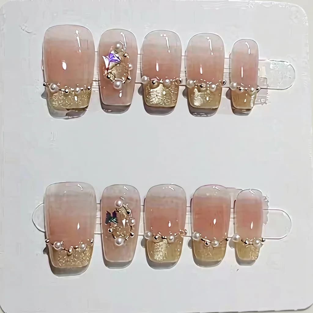 Uñas Postizas Francesas con Mariposas, Estilo Rubor Rosa Suave, 10 Piezas